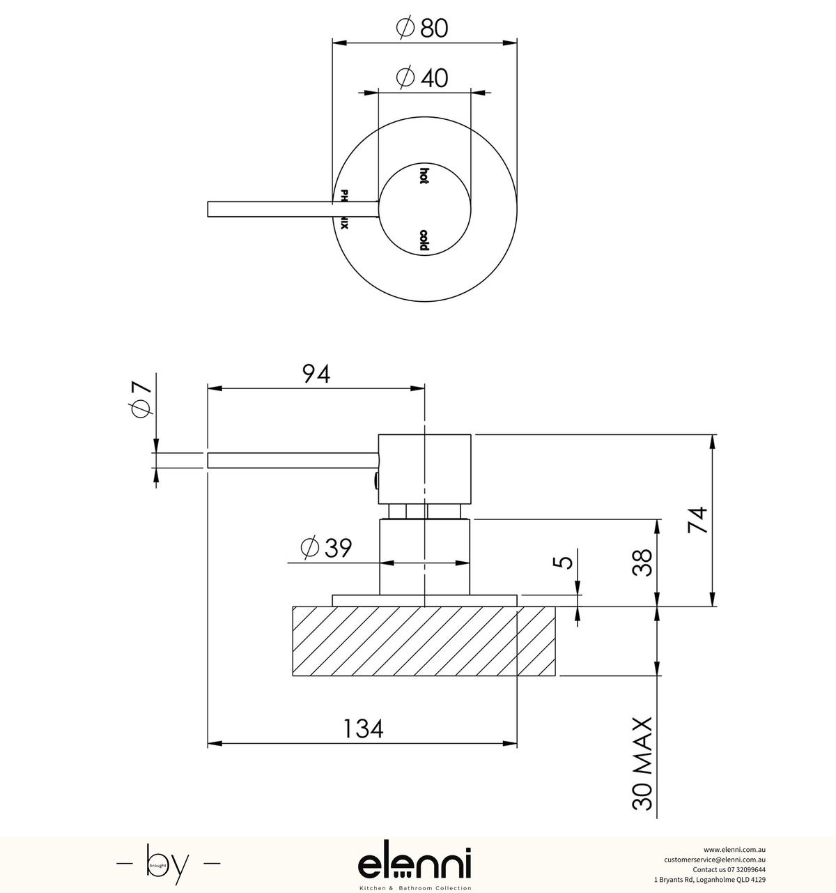 Vivid Slimline Hob Mixer - Elenni specification drawing