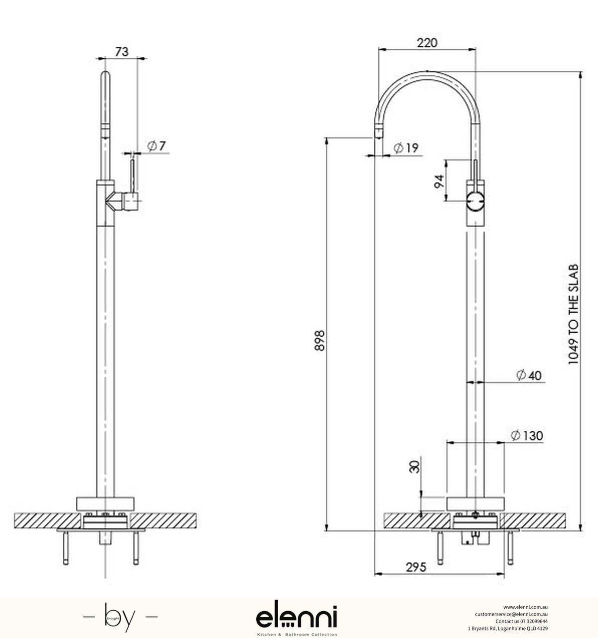 Vivid Slimline Floor Mounted Bath Mixer - Elenni specification drawing