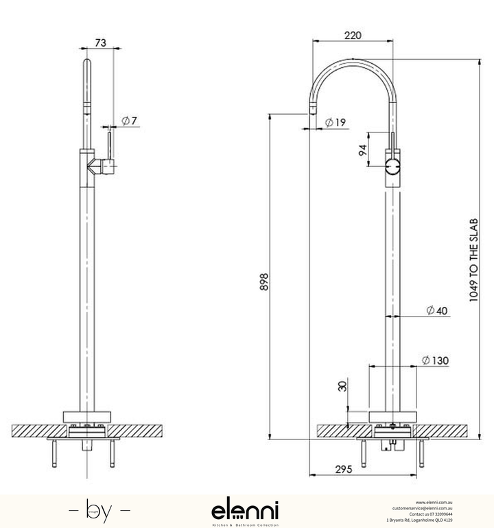 Vivid Slimline Floor Mounted Bath Mixer - Elenni specification drawing