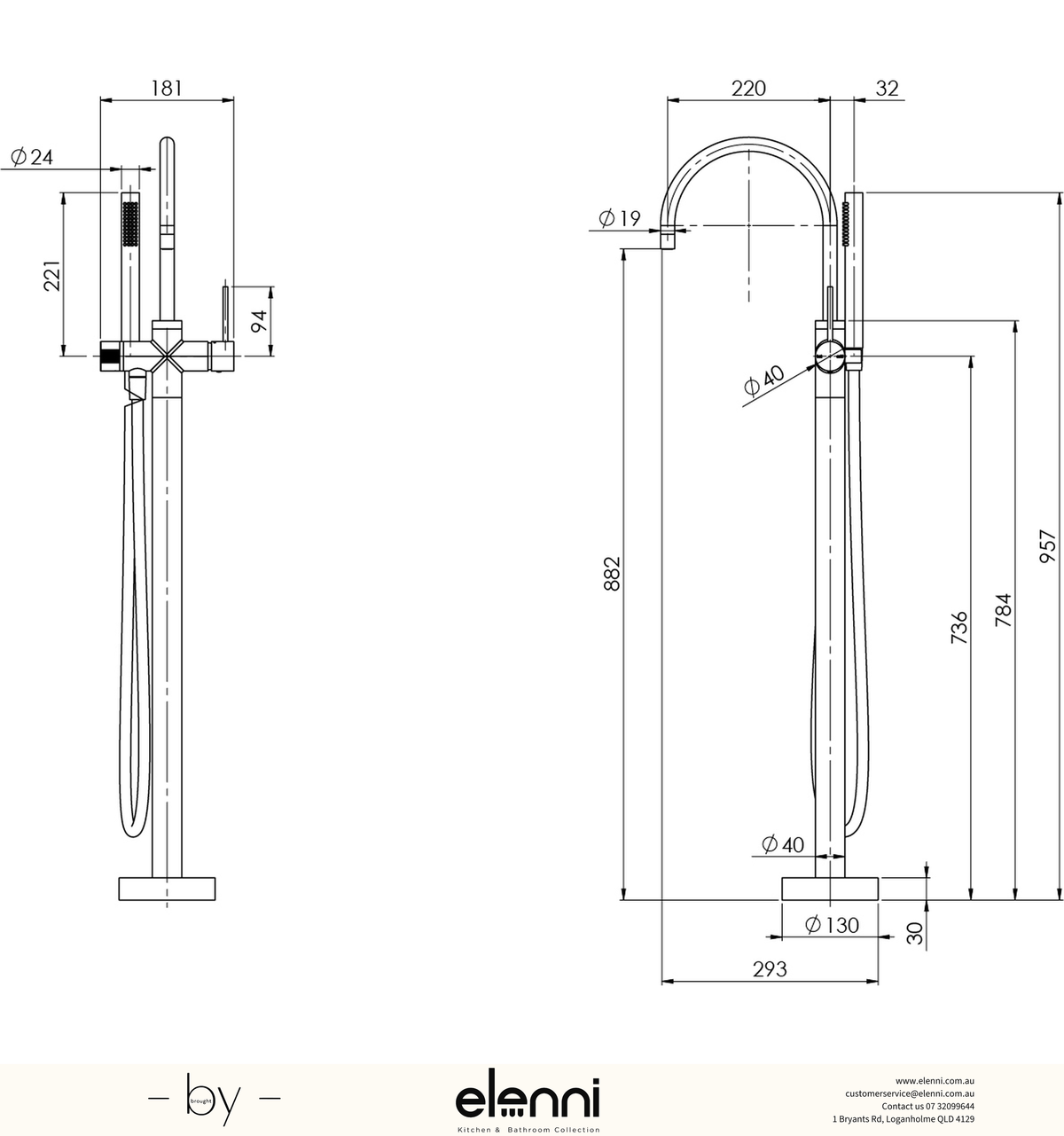 Vivid Slimline Floor Mounted Bath Mixer with Hand Shower - Elenni specification drawing