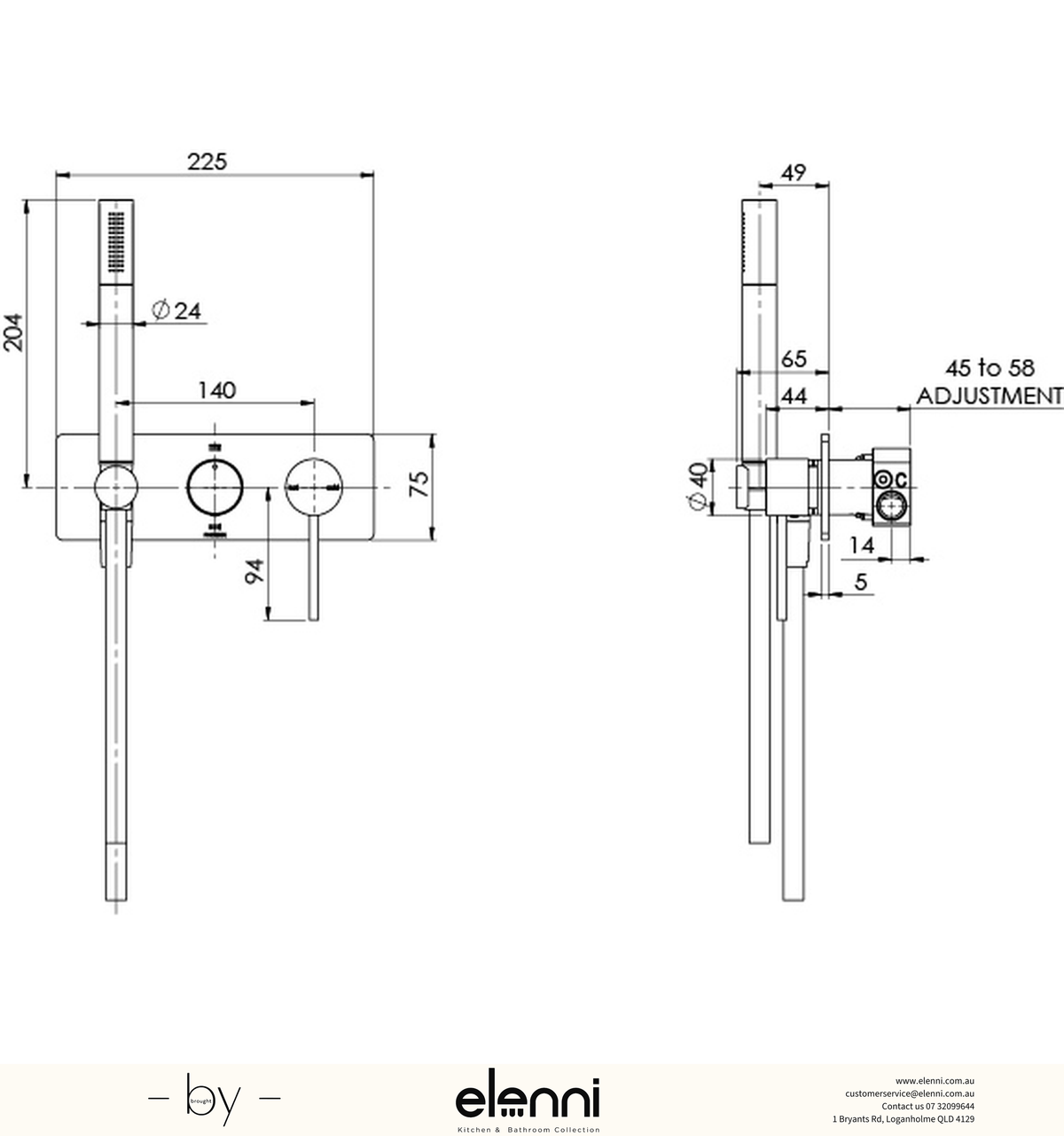 Vivid Slimline Wall Shower System - Elenni specification drawing