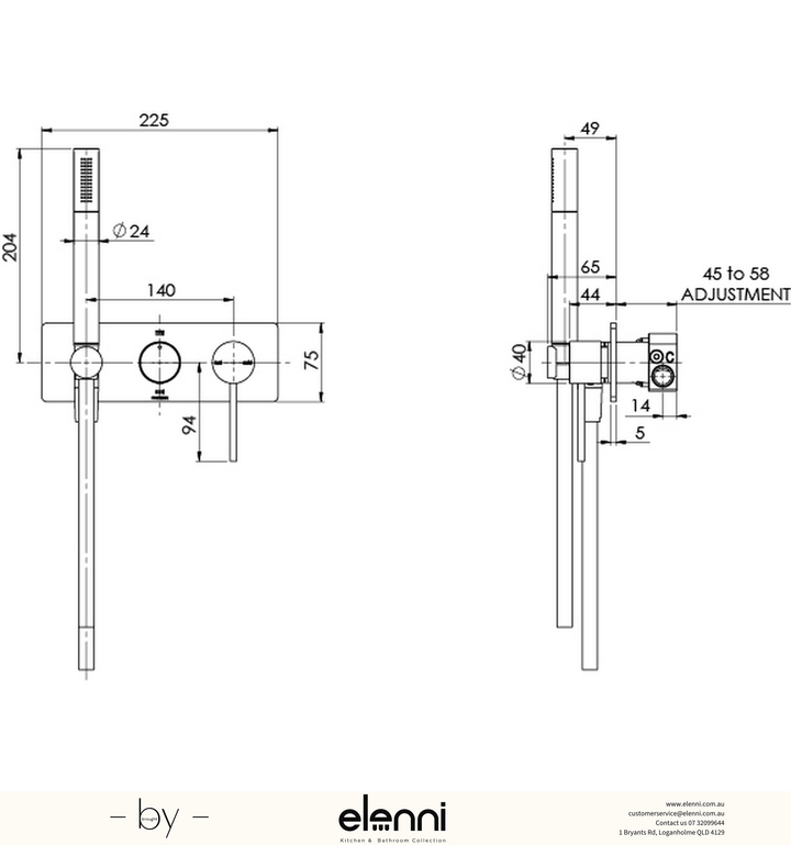 Vivid Slimline Wall Shower System - Elenni specification drawing
