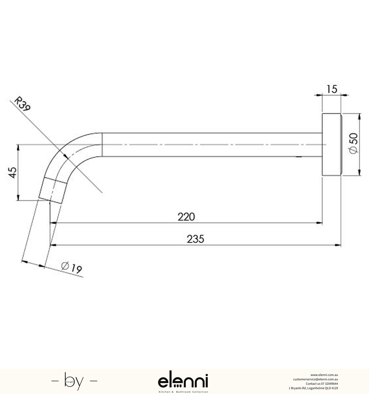 Vivid Slimline Wall Bath Outlet 230mm Curved - Lead Free - Elenni specification drawing