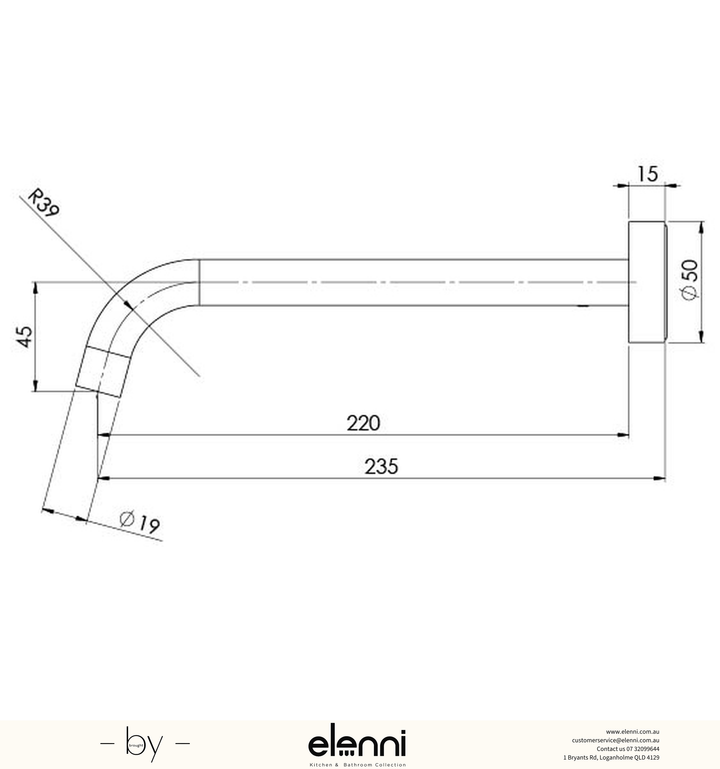 Vivid Slimline Wall Bath Outlet 230mm Curved - Lead Free - Elenni specification drawing