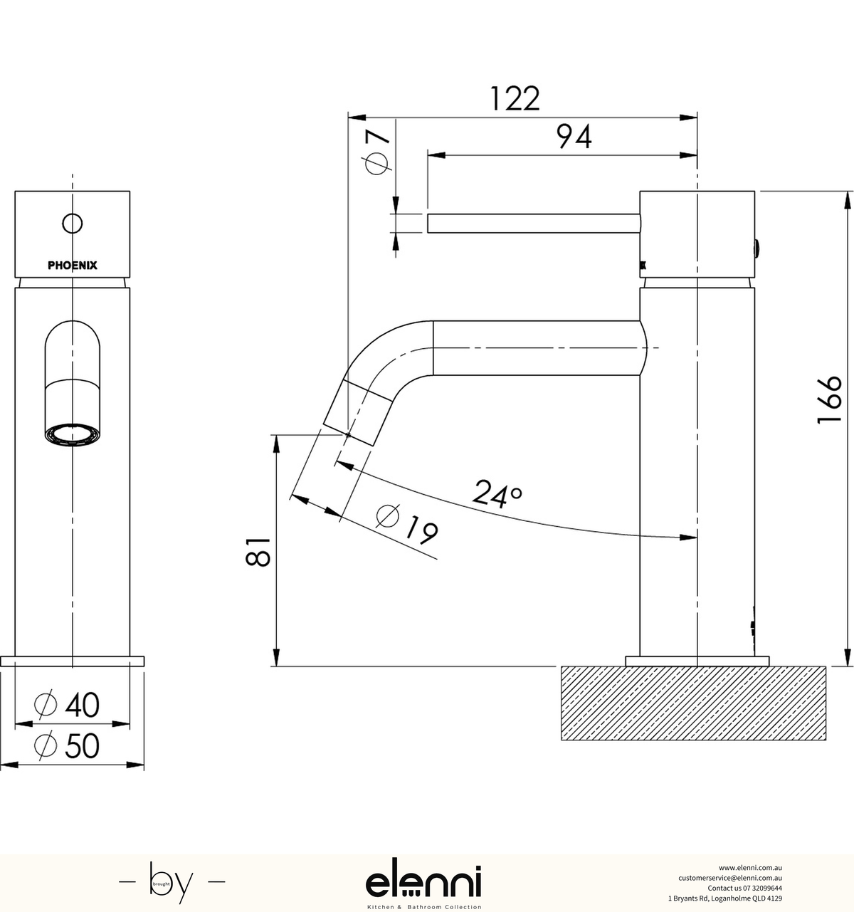 Vivid Slimline Basin Mixer Curved Outlet - Lead Free - Elenni specification drawing