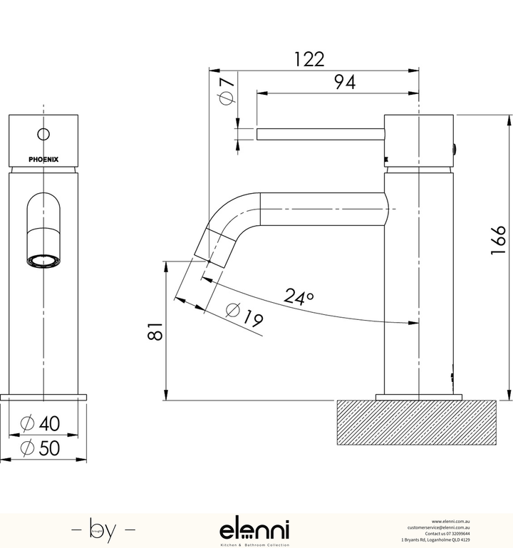 Vivid Slimline Basin Mixer Curved Outlet - Lead Free - Elenni specification drawing