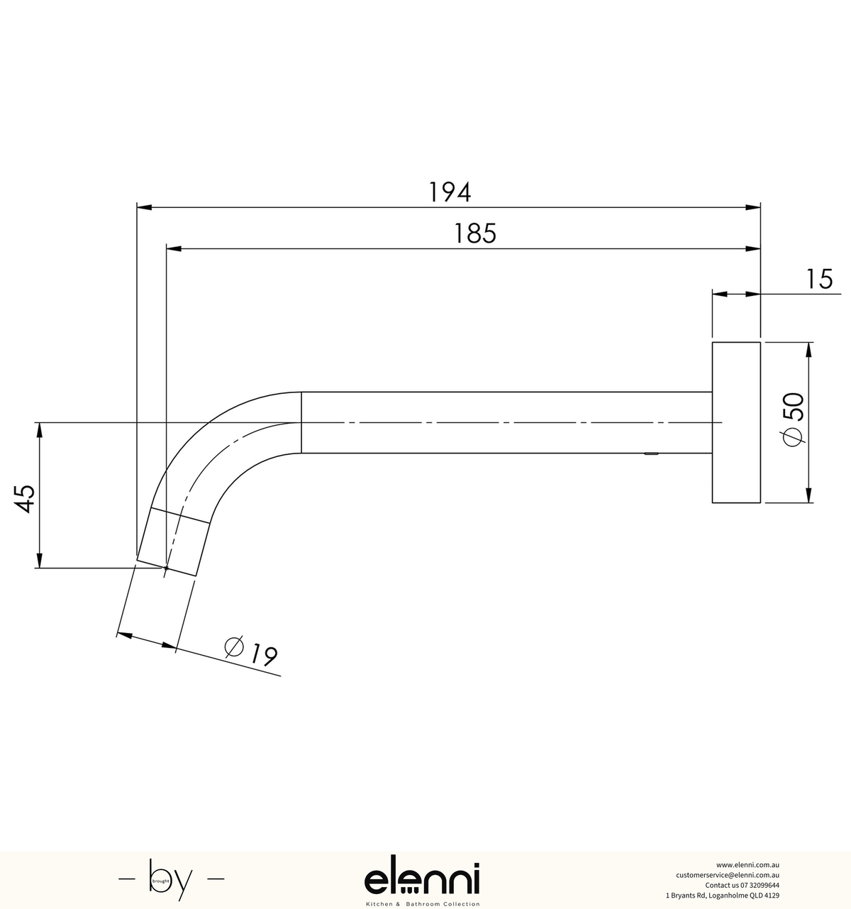Vivid Slimline Wall Bath Outlet 180mm Curved - Lead Free - Elenni specification drawing