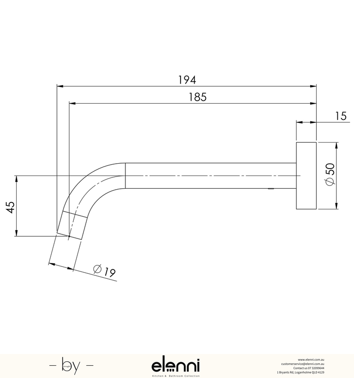 Vivid Slimline Wall Bath Outlet 180mm Curved - Lead Free - Elenni specification drawing