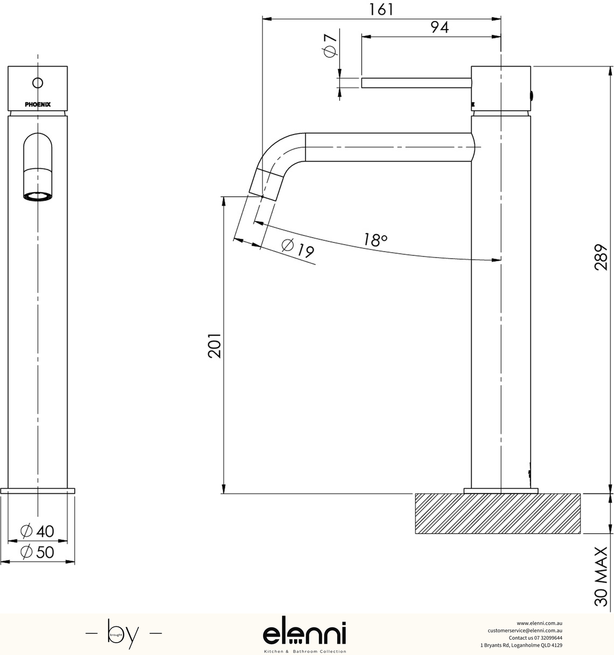 Vivid Slimline Vessel Mixer Curved Outlet - Lead Free - Elenni specification drawing