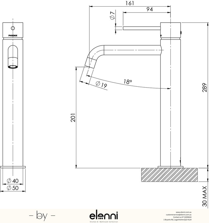 Vivid Slimline Vessel Mixer Curved Outlet - Lead Free - Elenni specification drawing