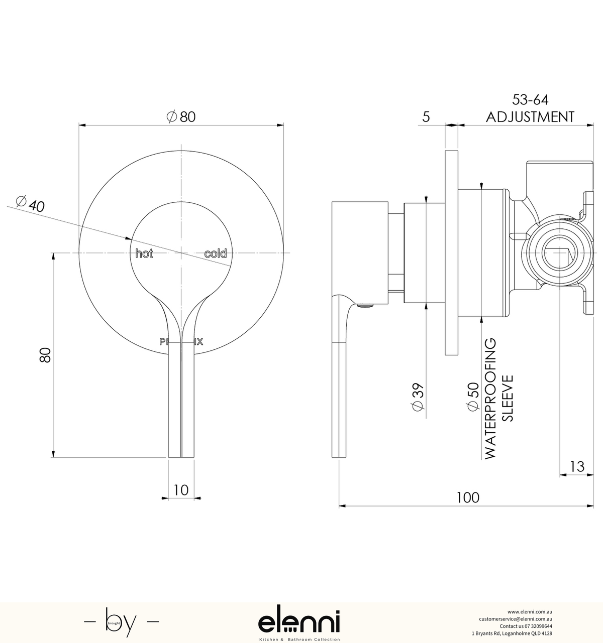 Vivid Slimline Oval SwitchMix Shower / Wall Mixer (Fit-Off Kit Only) - Lead Free - Elenni specification drawing