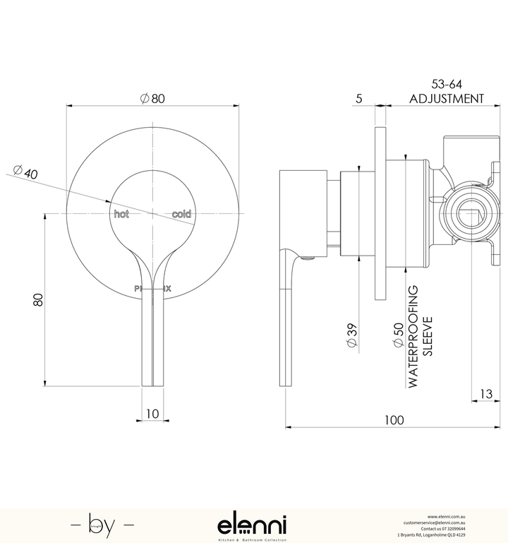 Vivid Slimline Oval SwitchMix Shower / Wall Mixer (Fit-Off Kit Only) - Lead Free - Elenni specification drawing