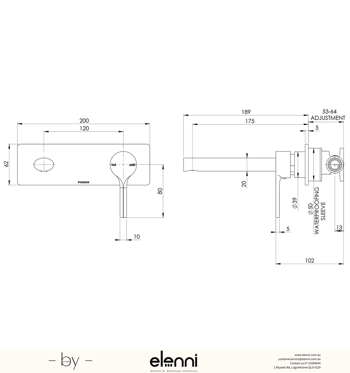 Vivid Slimline Oval SwitchMix Wall Basin / Bath Mixer Set 175mm (Fit-Off Kit Only) - Lead Free - Elenni specification drawing