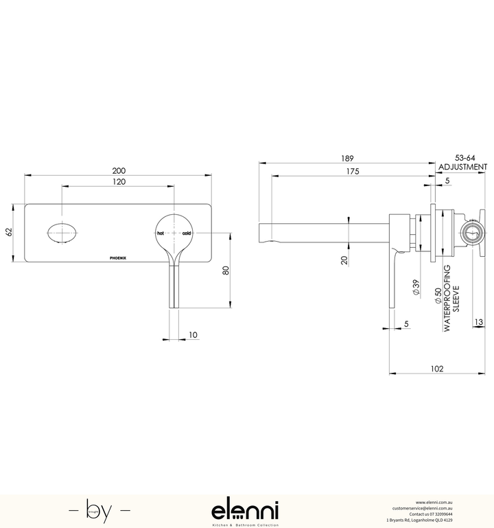 Vivid Slimline Oval SwitchMix Wall Basin / Bath Mixer Set 175mm (Fit-Off Kit Only) - Lead Free - Elenni specification drawing