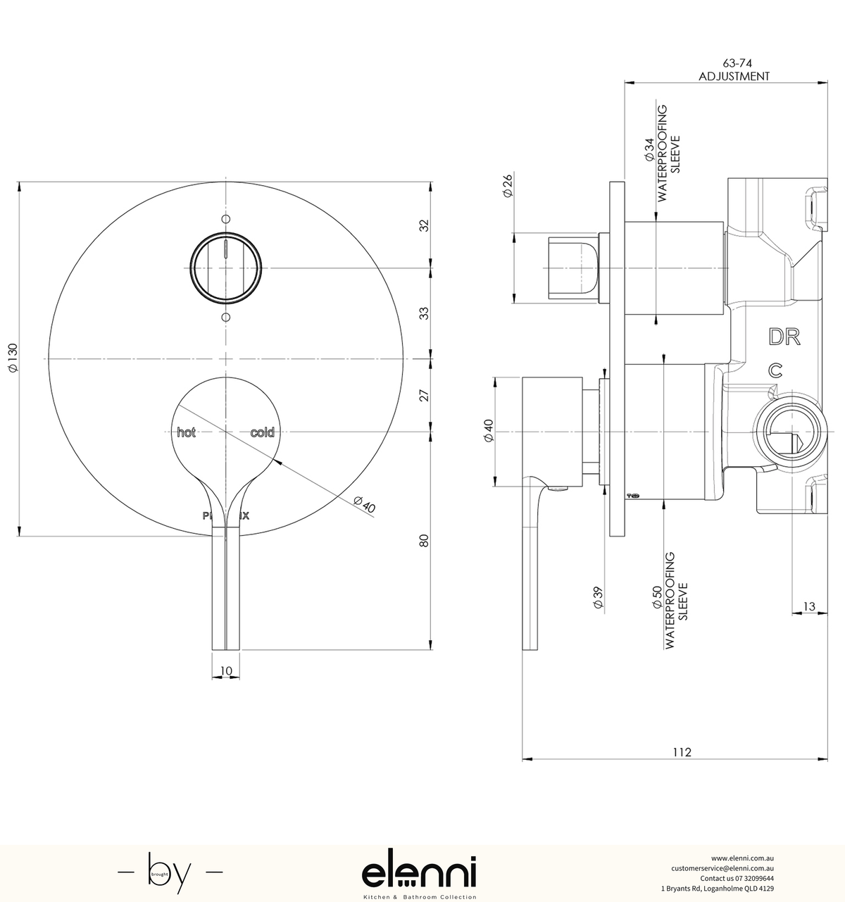 Vivid Slimline Oval SwitchMix Shower / Bath Diverter Mixer (Fit-Off Kit Only) - Elenni specification drawing