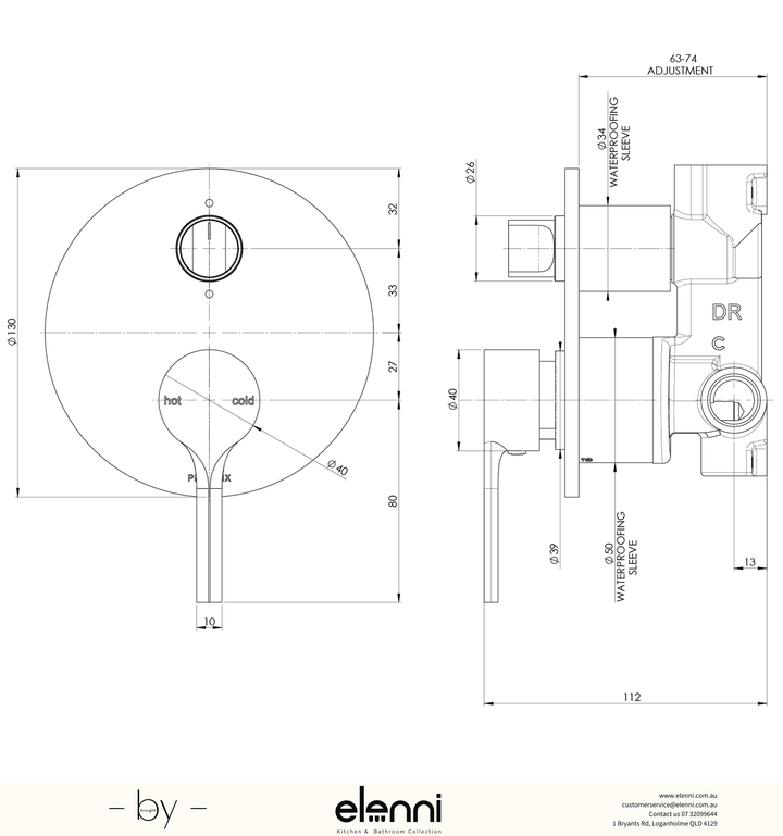 Vivid Slimline Oval SwitchMix Shower / Bath Diverter Mixer (Fit-Off Kit Only) - Elenni specification drawing