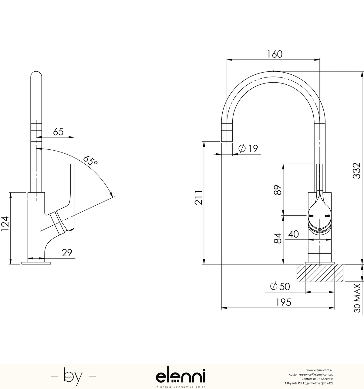 Vivid Slimline Oval Sink Mixer 160mm Gooseneck - Lead Free - Elenni specification drawing