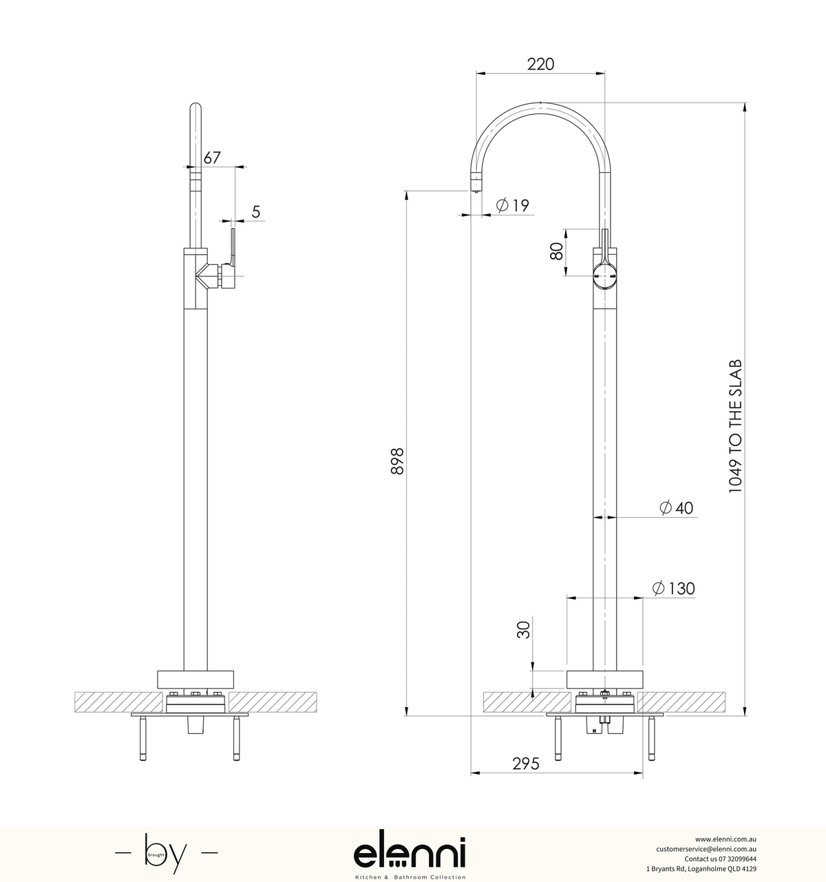 Vivid Slimline Oval Floor Mounted Bath Mixer - Elenni specification drawing