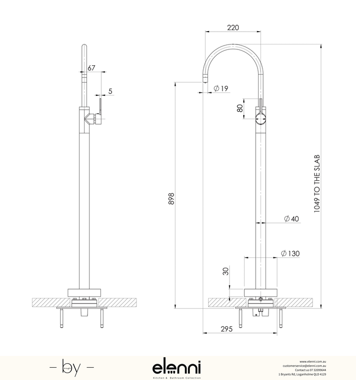 Vivid Slimline Oval Floor Mounted Bath Mixer - Elenni specification drawing