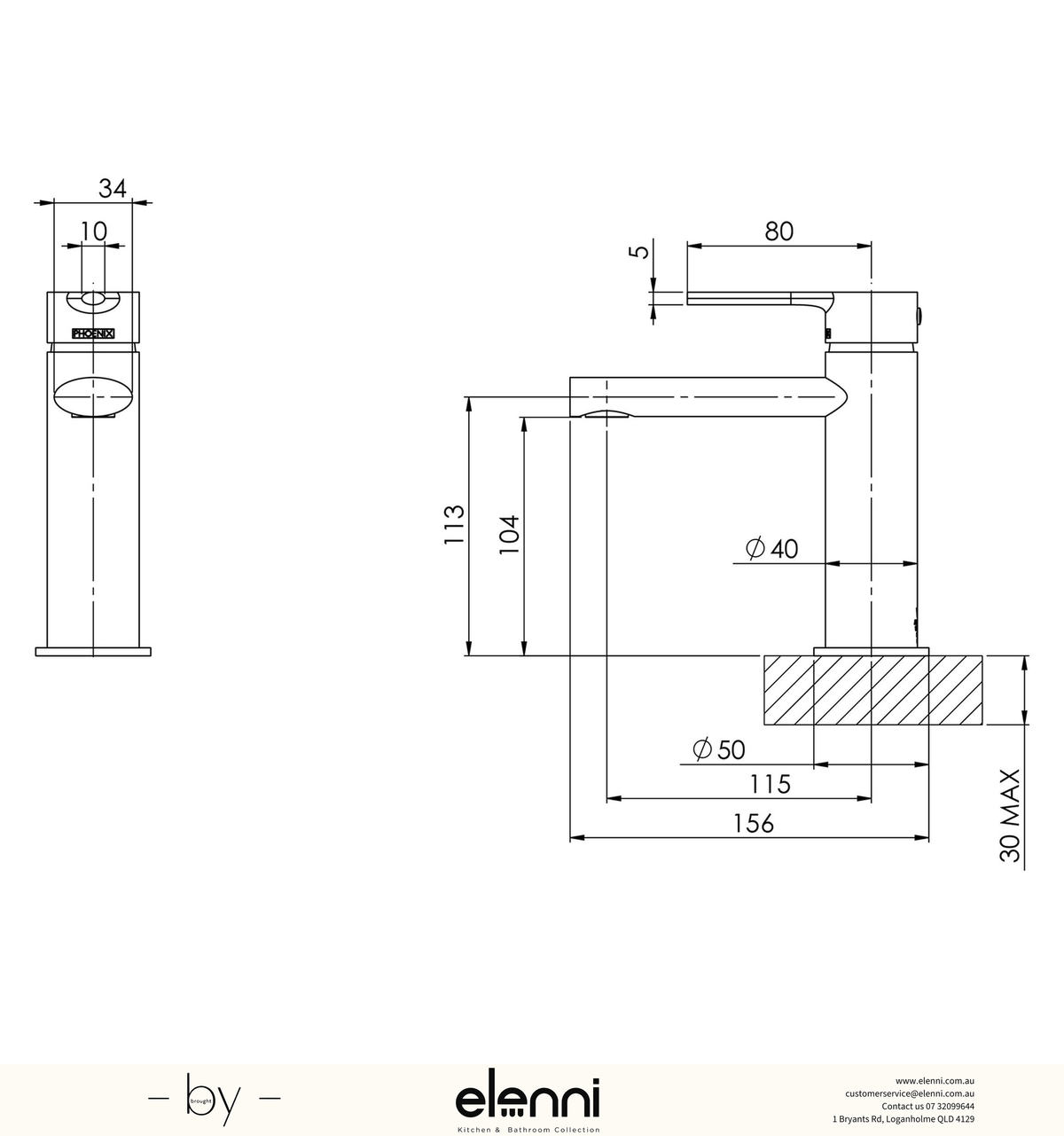 Vivid Slimline Oval Basin Mixer - Lead Free - Elenni specification drawing