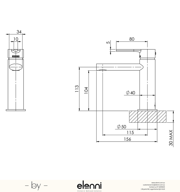 Vivid Slimline Oval Basin Mixer - Lead Free - Elenni specification drawing