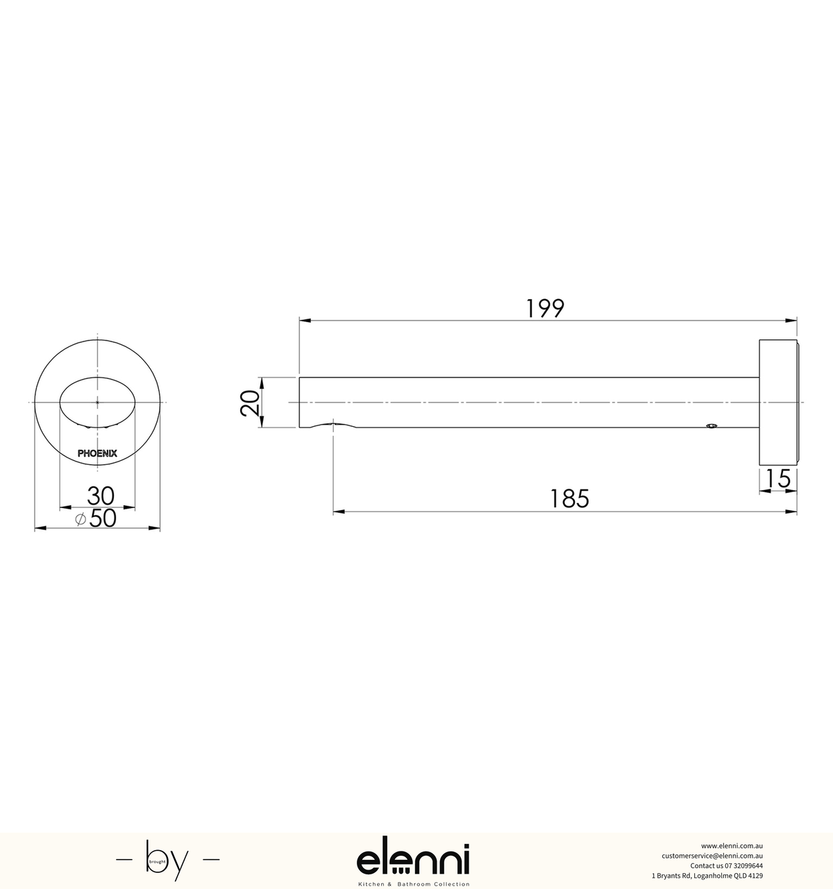 Vivid Slimline Oval Wall Bath Outlet 180mm - Lead Free - Elenni specification drawing
