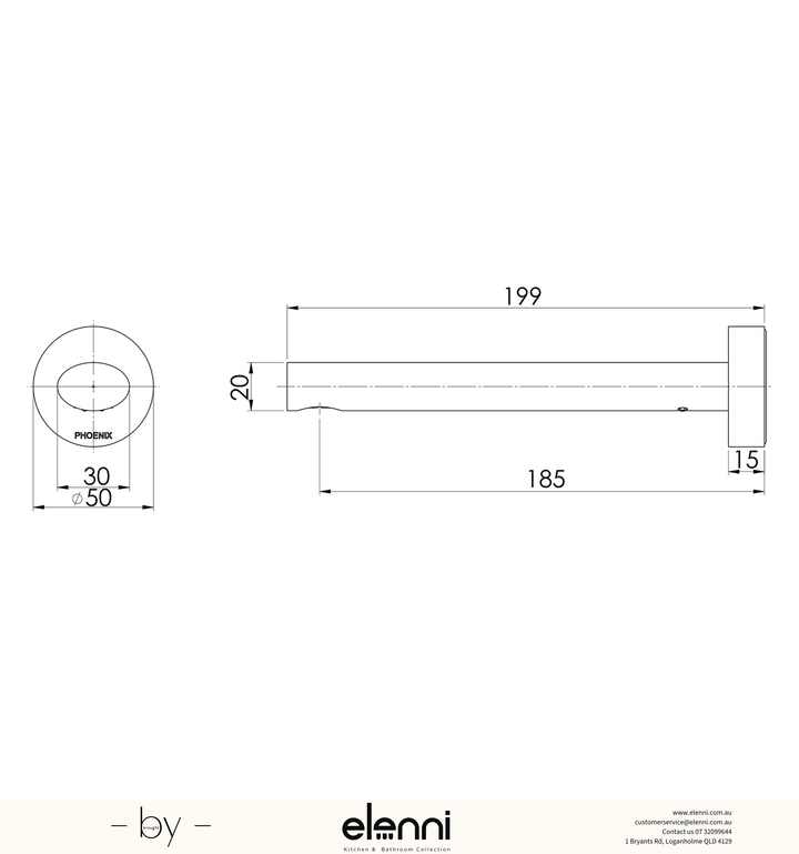 Vivid Slimline Oval Wall Bath Outlet 180mm - Lead Free - Elenni specification drawing