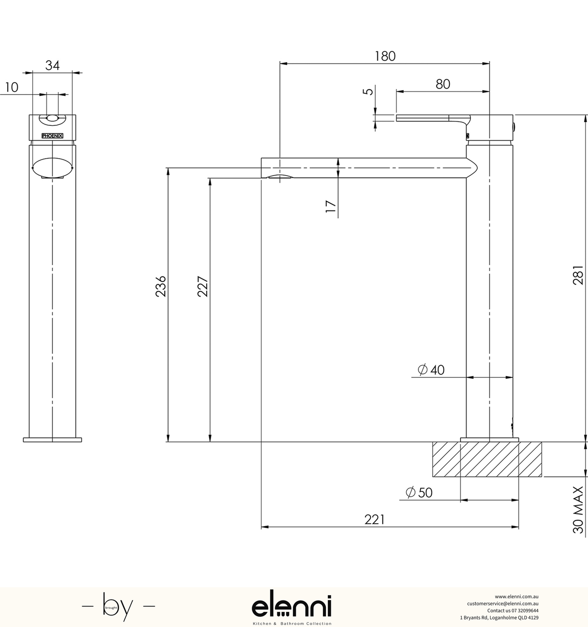 Vivid Slimline Oval Vessel Mixer - Lead Free - Elenni specification drawing