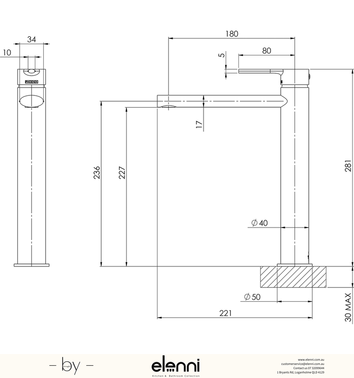 Vivid Slimline Oval Vessel Mixer - Lead Free - Elenni specification drawing