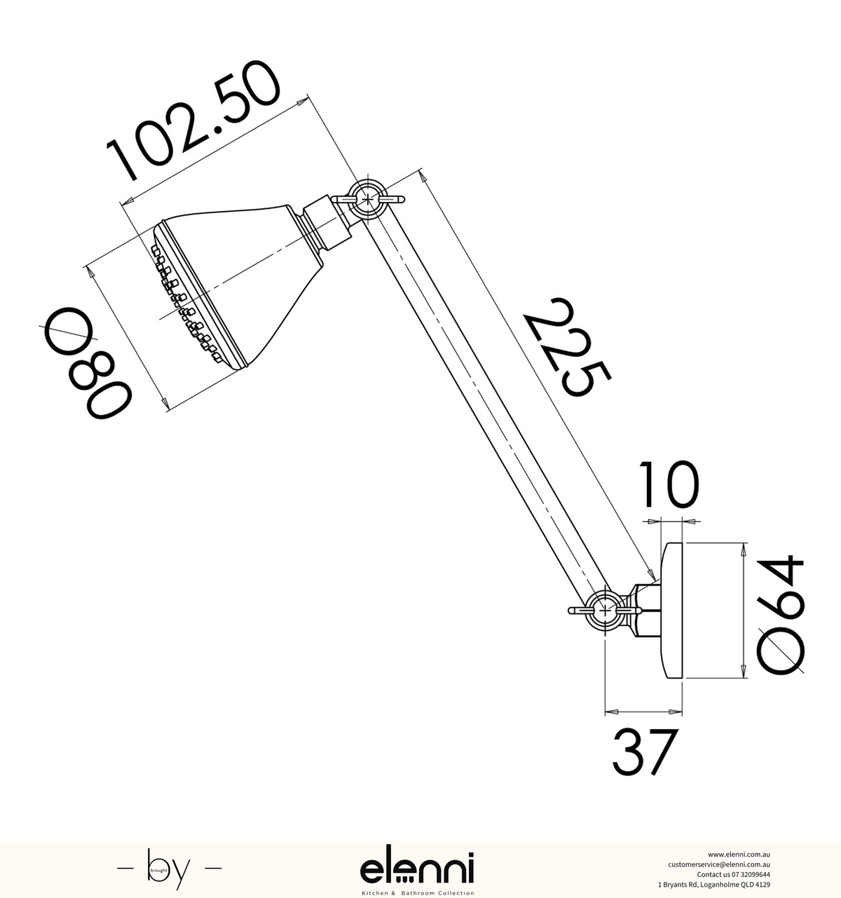 Ivy Shower Arm &amp; Rose - Elenni specification drawing