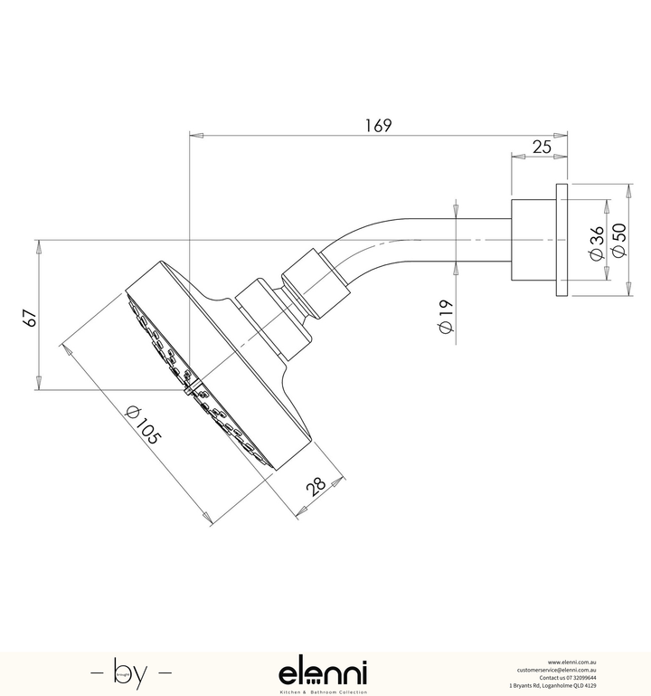 Ivy 3 Function Wall Shower &amp; Arm - Elenni specification drawing