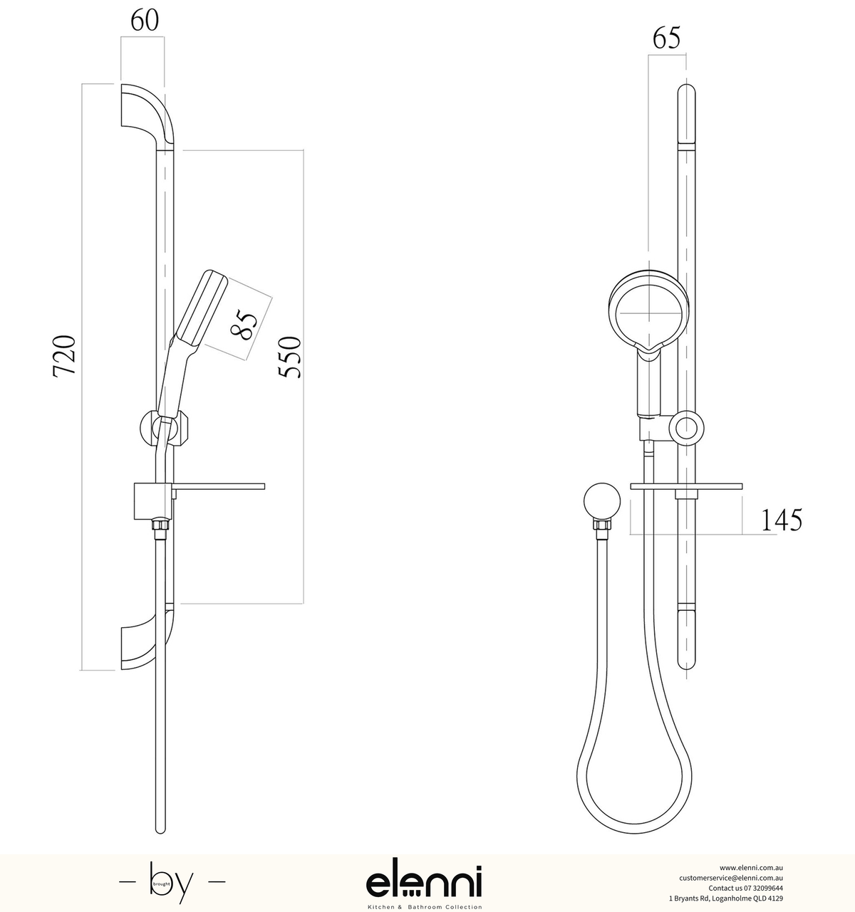 Ivy Rail Shower - Elenni specification drawing