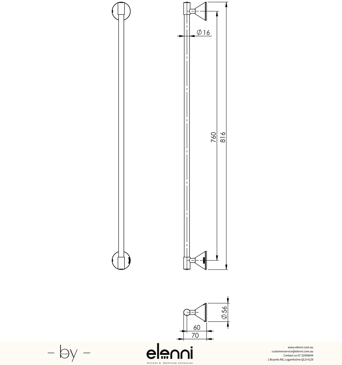 Ivy Single Towel Rail 760mm - Elenni specification drawing