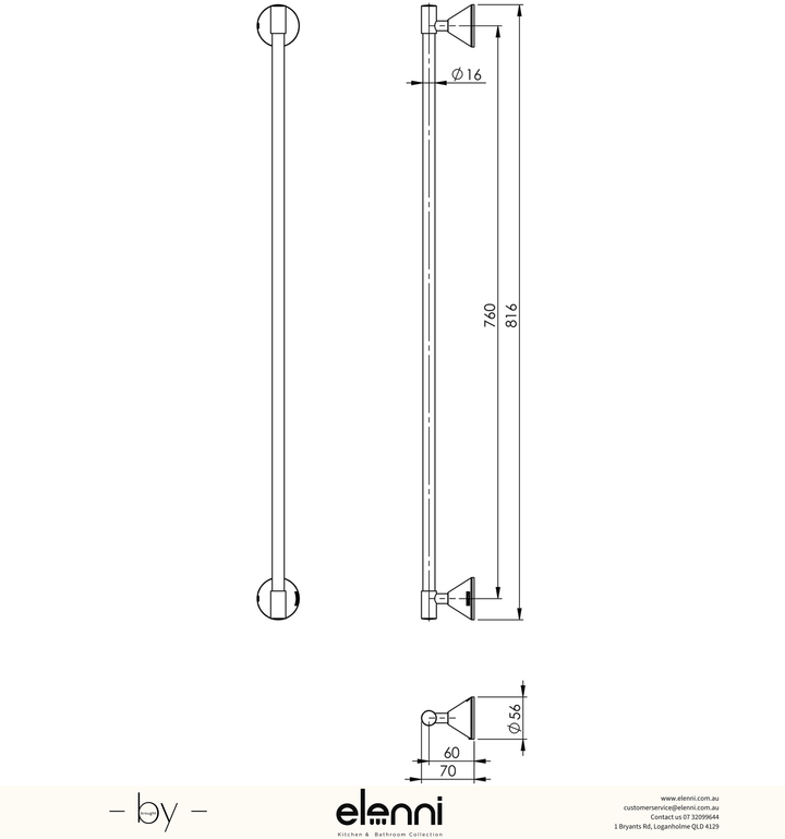 Ivy Single Towel Rail 760mm - Elenni specification drawing