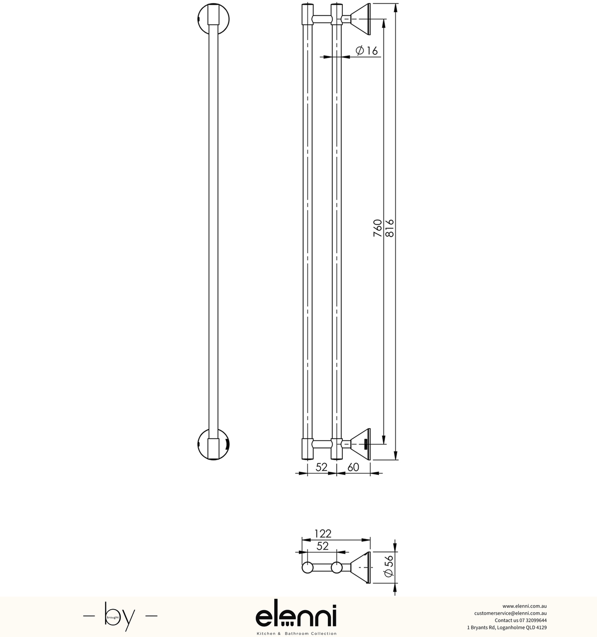 Ivy Double Towel Rail 760mm - Elenni specification drawing