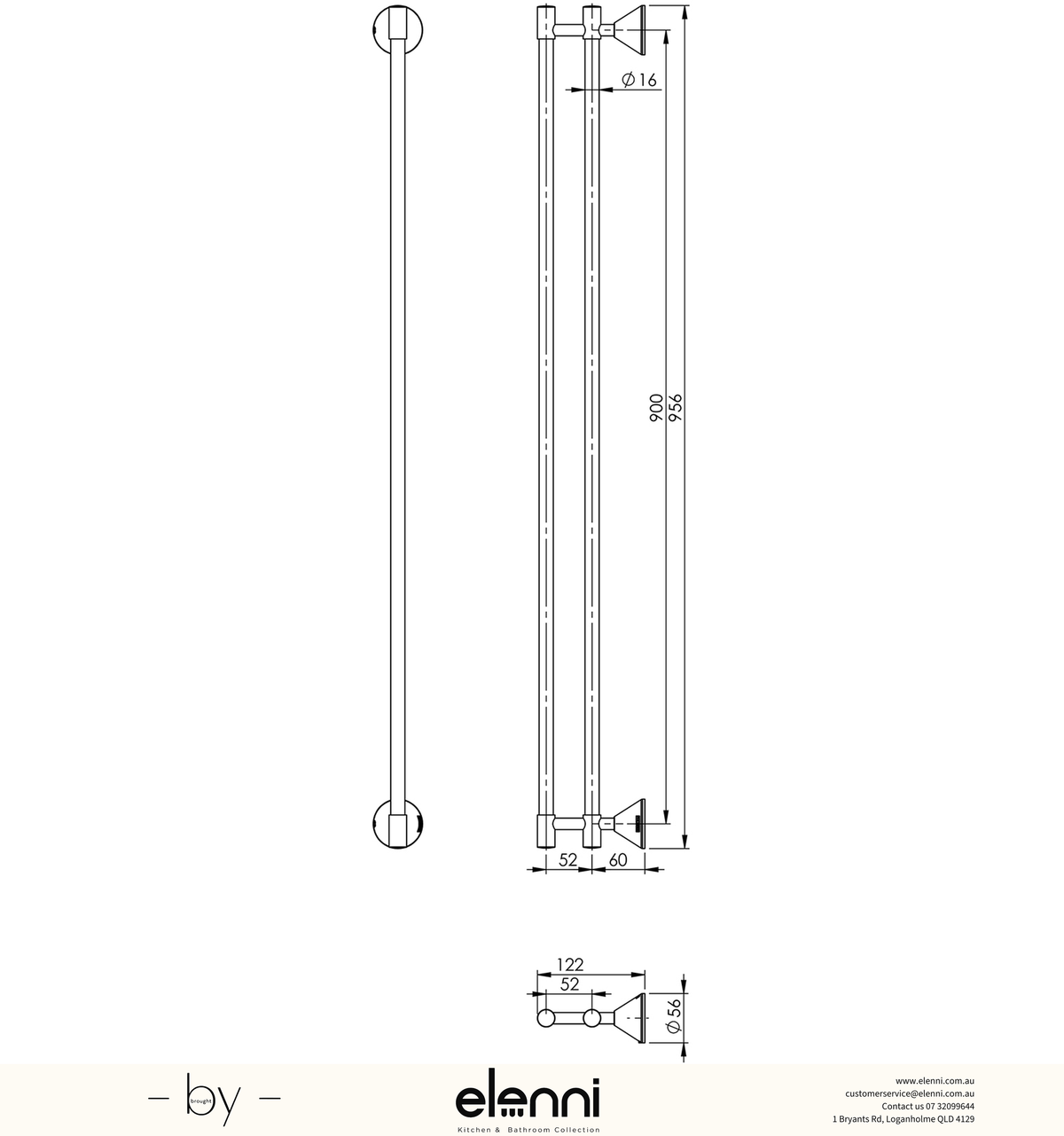 Ivy Double Towel Rail 900mm - Elenni specification drawing