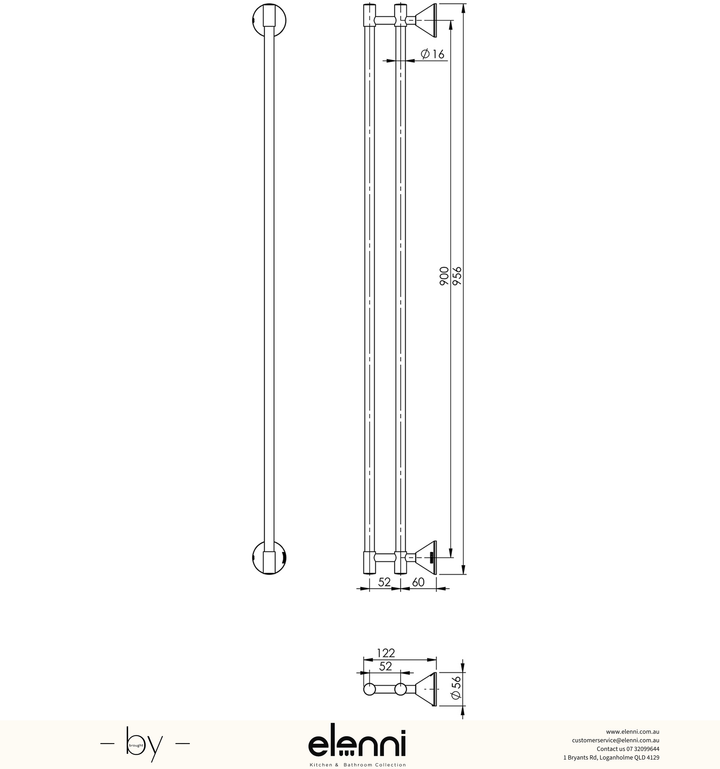 Ivy Double Towel Rail 900mm - Elenni specification drawing