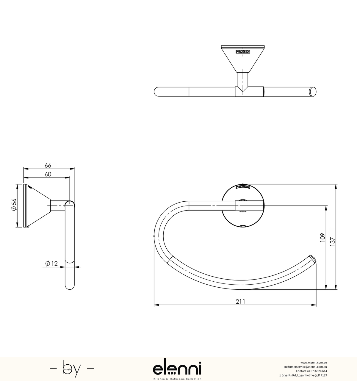 Ivy Hand Towel Holder - Elenni specification drawing