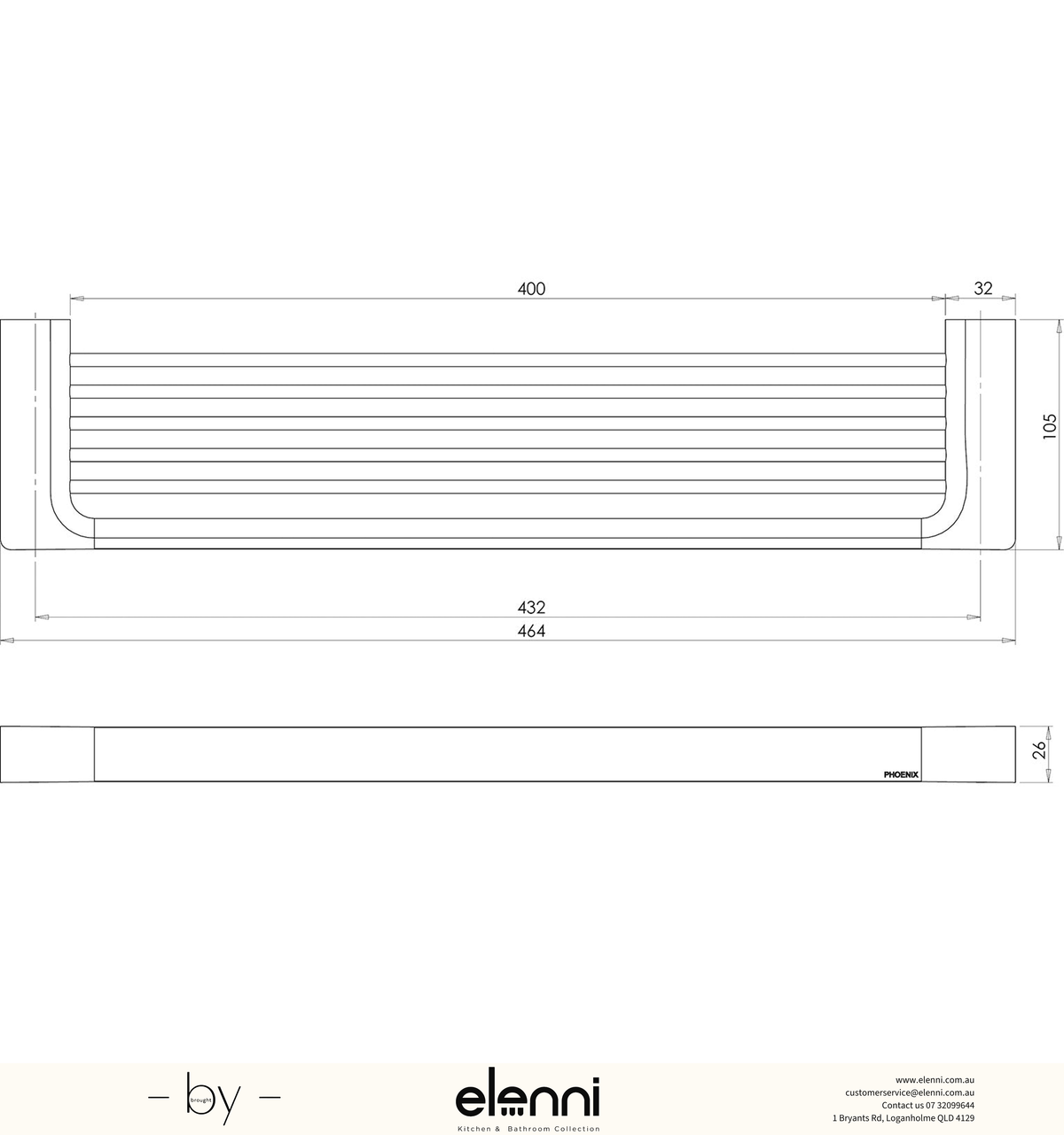 Gloss Shower Shelf - Elenni specification drawing