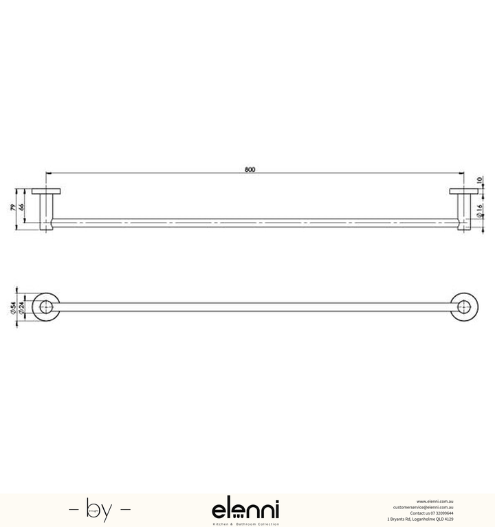 Radii Single Towel Rail 800mm Round Plate - Elenni specification drawing