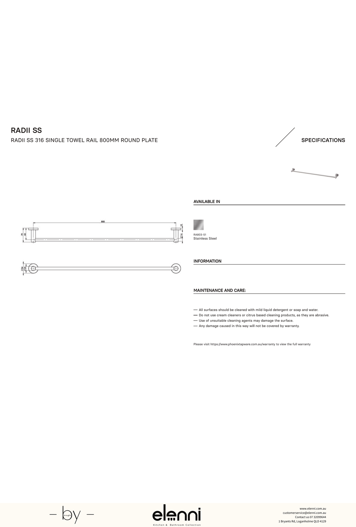 Radii Single Towel Rail 800mm Round Plate - Elenni specification drawing