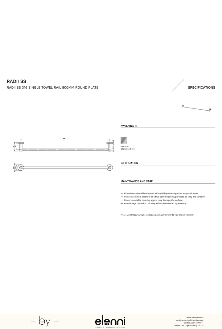 Radii Single Towel Rail 800mm Round Plate - Elenni specification drawing