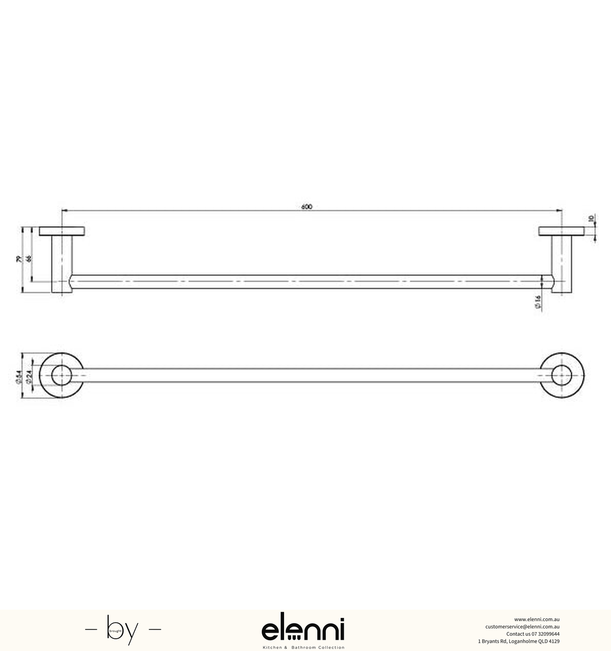 Radii Single Towel Rail 600mm Round Plate - Elenni specification drawing