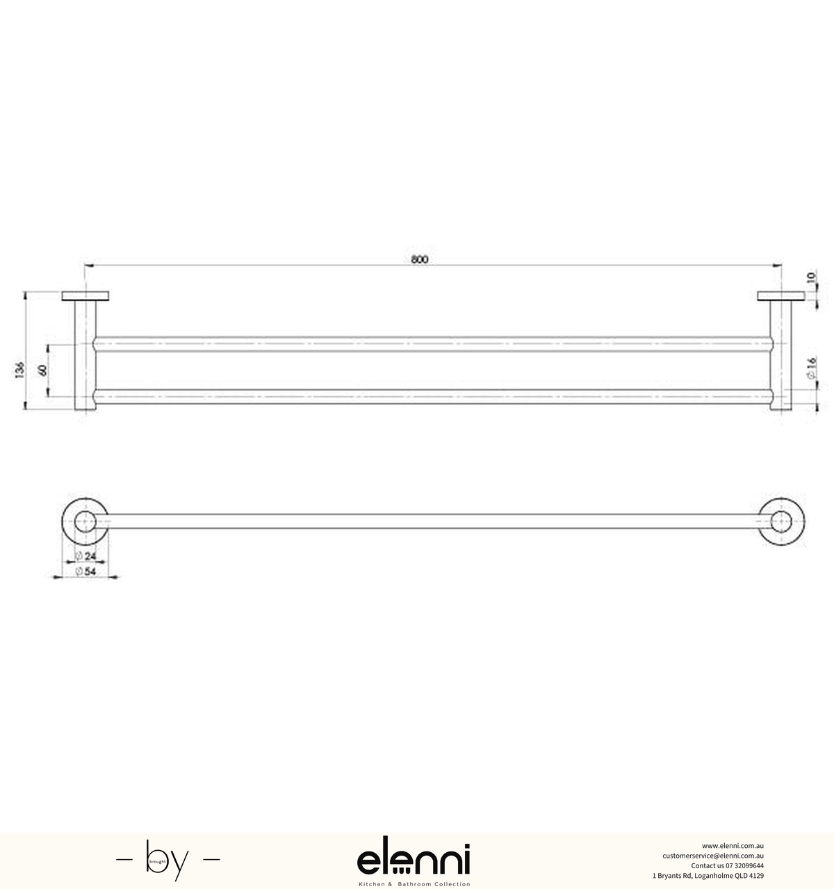Radii Double Towel Rail 800mm - Elenni specification drawing