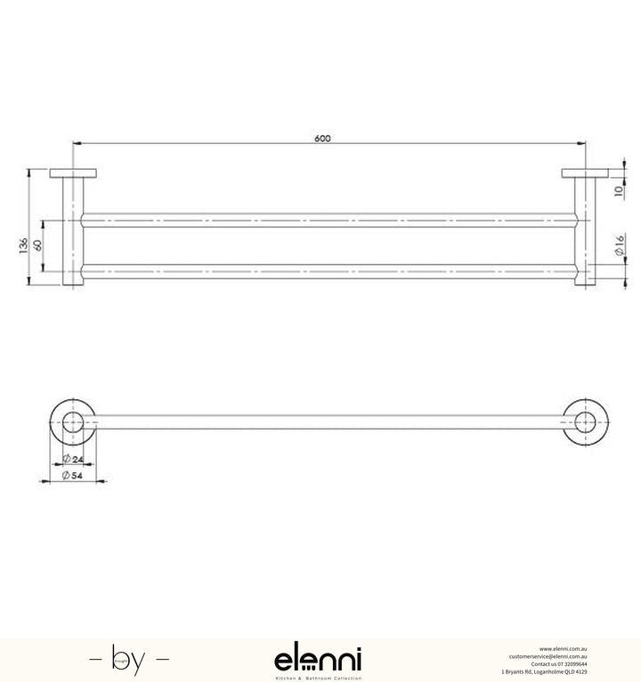 Radii Double Towel Rail 600mm Round Plate - Elenni specification drawing