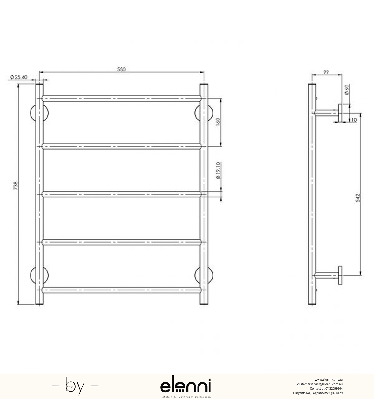 Radii Towel Ladder 550 x 740mm Round Plate - Elenni specification drawing