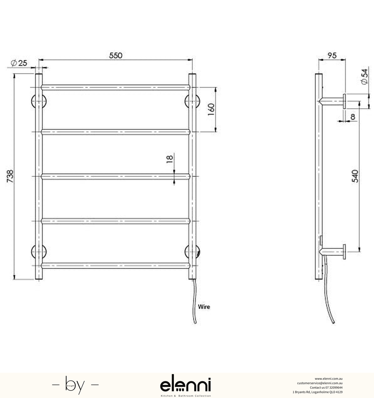 Radii Heated Towel Ladder 550 x 740mm Round Plate - Elenni specification drawing