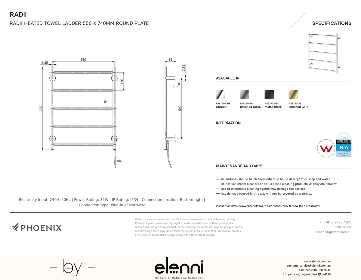 Radii Heated Towel Ladder 550 x 740mm Round Plate - Elenni specification drawing