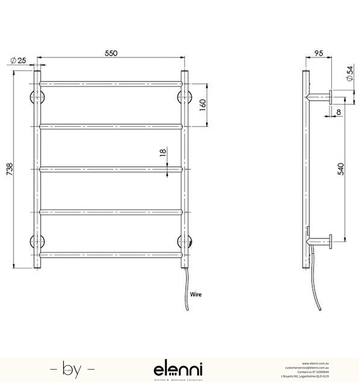 Radii Heated Towel Ladder 550 x 740mm Round Plate - Elenni specification drawing