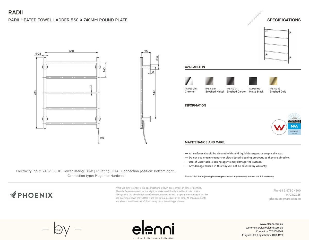 Radii Heated Towel Ladder 550 x 740mm Round Plate - Elenni specification drawing